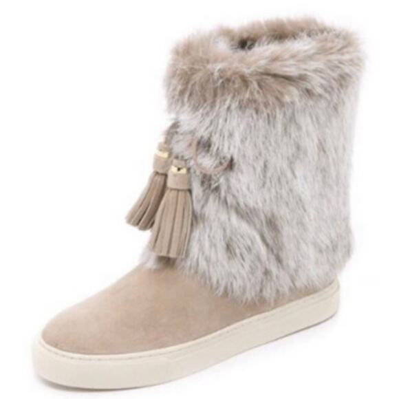 Tory Burch Angelica Fur Boots •Women 8 M• Leather Beige Tassels Pull On - Picture 1 of 10